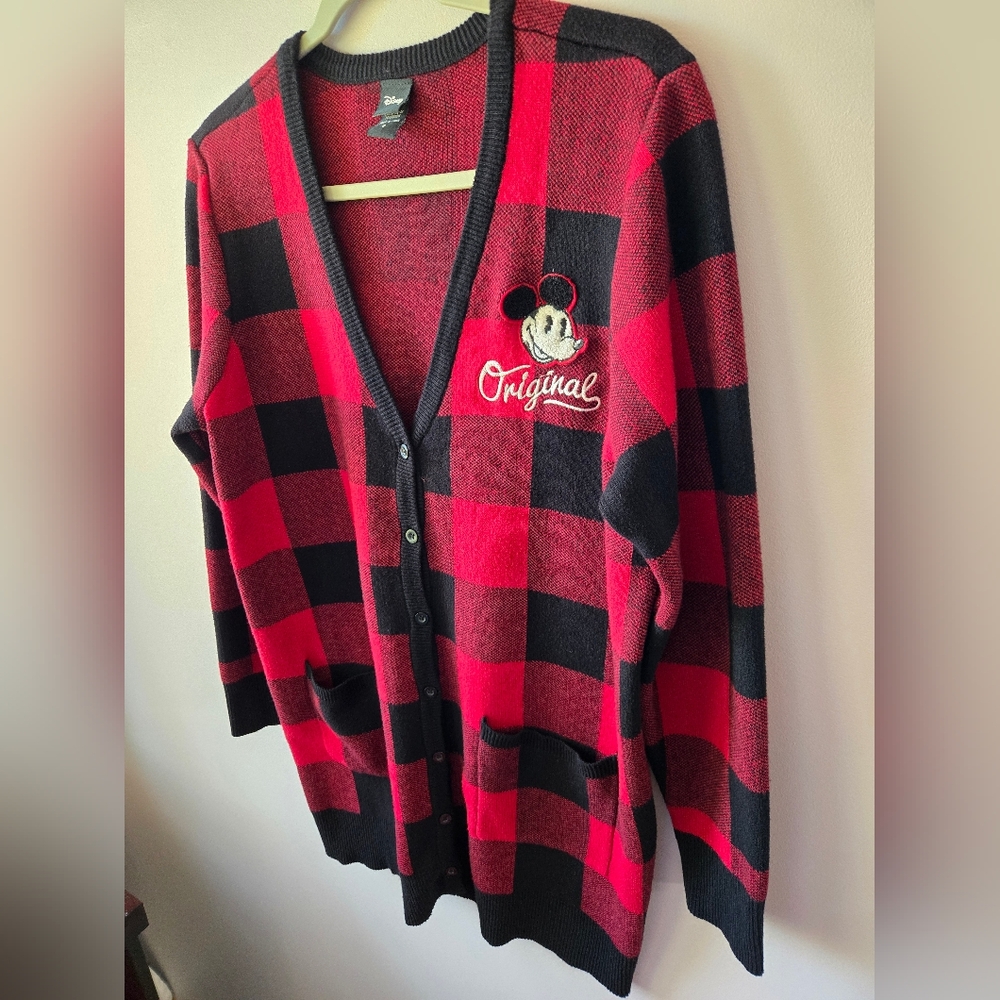 Disney Parks Mickey Mouse Buffalo Plaid Cardigan Sweater - Red & Black - Size L - Picture 3 of 11